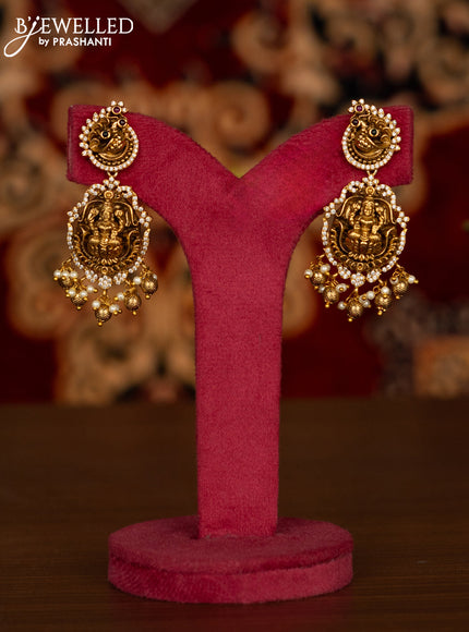 Antique necklace lakshmi design with kemp & cz stones and pearl & golden beads hangings