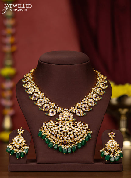 Antique necklace manga pattern with kemp & cz stones and pearl & green beads hangings