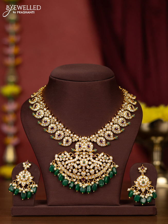 Antique necklace manga pattern with kemp & cz stones and pearl & green beads hangings
