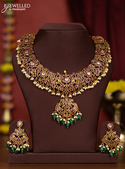 Antique necklace with kemp & cz stones and pearl & green beads hangings