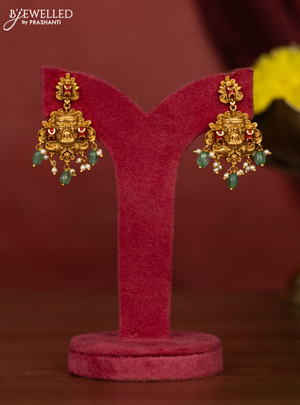 Antique necklace lakshmi design with pavalam & emerald stones and pearl & mint green beads hangings