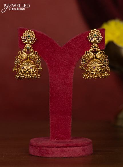 Antique necklace lakshmi & peacock design with kemp stones and golden beads hangings