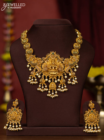 Antique necklace lakshmi & peacock design with kemp stones and pearl hangings