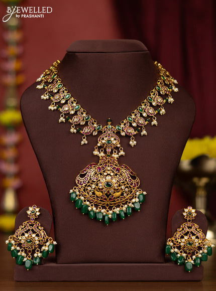 Antique necklace manga pattern with kemp & cz stones and pearl & green beads hangings