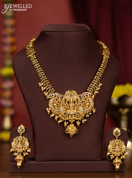 Antique necklace lakshmi design with kemp & cz stones and pearl & golden beads hangings