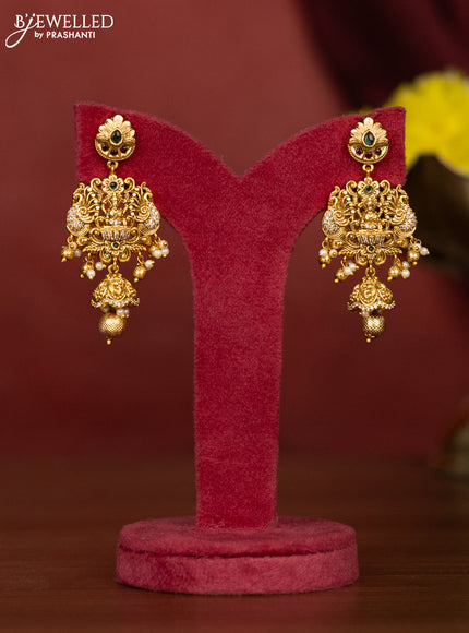 Antique necklace lakshmi design with kemp & cz stones and pearl & golden beads hangings