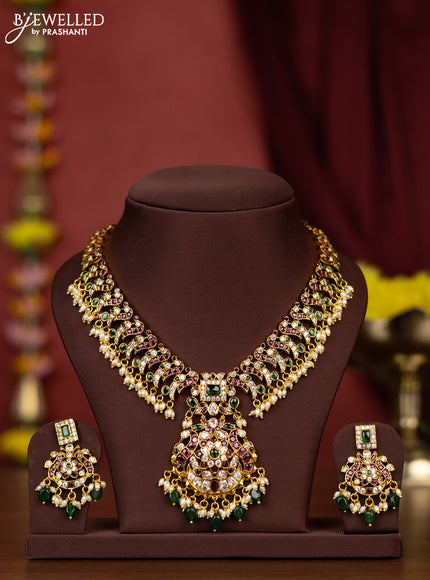 Antique necklace peacock design with kemp & cz stones and pearl & green beads hangings