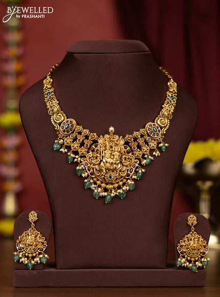 Antique necklace shivan parvathi design with kemp stones and pearl & green beads hangings