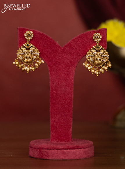 Antique necklace lakshmi & peacock design with cz stones and pearl & golden beads hangings