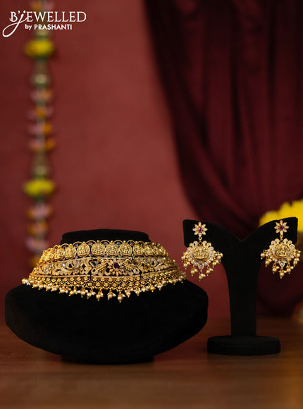 Antique choker lakshmi design with ruby & cz stones and golden beads hangings