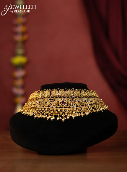 Antique choker lakshmi design with ruby & cz stones and golden beads hangings