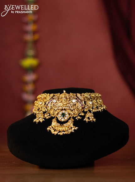 Antique choker lakshmi design with kemp & kundan cz stones and pearl & golden beads hangings