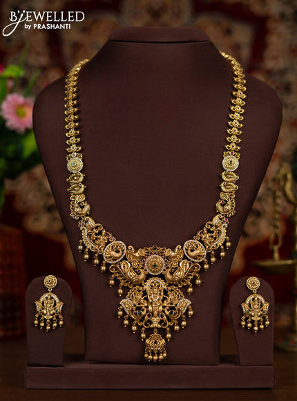 Antique haaram tirupati balaji pendant with kemp & cz stones and golden beads hangings
