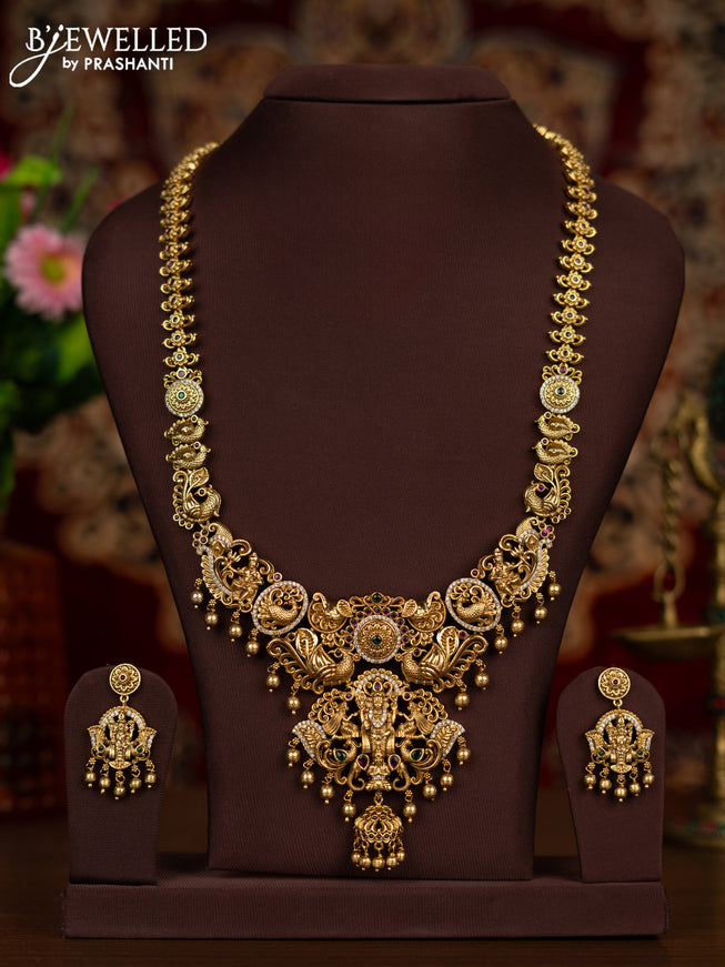 Antique haaram tirupati balaji pendant with kemp & cz stones and golden beads hangings