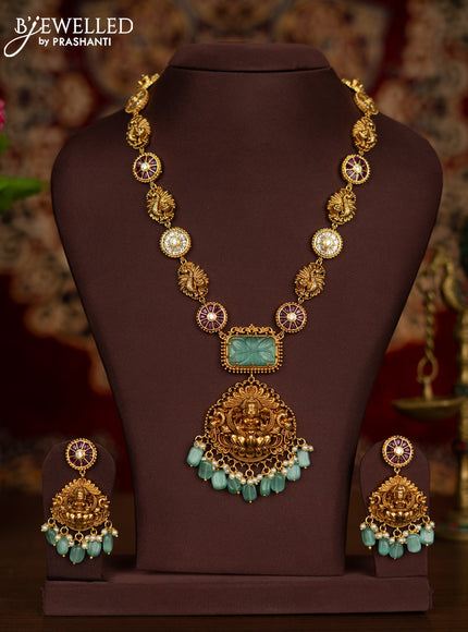 Antique haaram lakshmi & peacock design with ruby & cz stones and pearl & mint green beads hangings