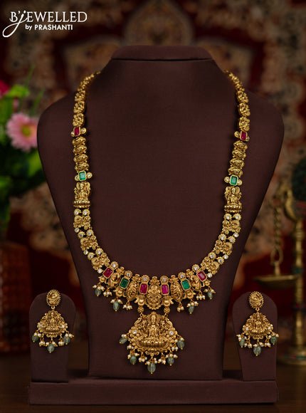 Antique haaram lakshmi design with kemp & cz stones and pearl & mint green beads hangings