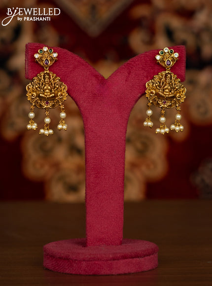 Antique haaram lakshmi & peacock design with kemp & cz stones and pearl & pearl hangings