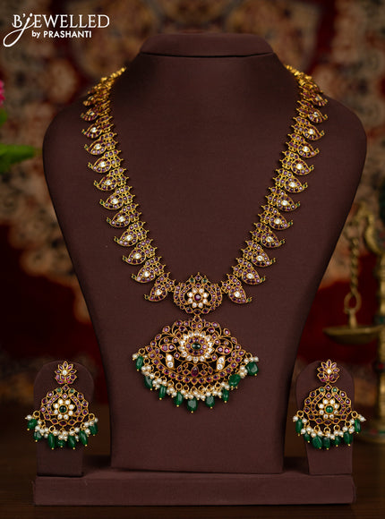 Antique Haaram manga pattern with kemp & cz stones and pearl & green beads hangings
