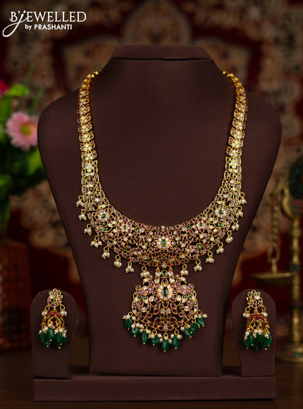 Antique Haaram with kemp & cz stones and pearl & green beads hangings