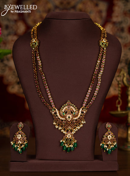 Antique double layer Haaram peacock design with kemp & cz stones and pearl & green beads hangings