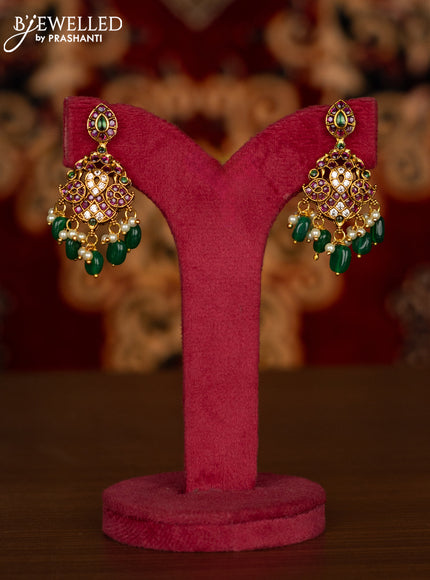 Antique double layer Haaram peacock design with kemp & cz stones and pearl & green beads hangings