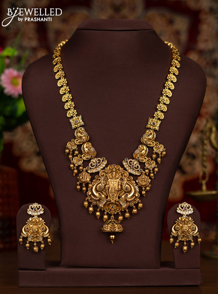 Antique haaram tirupati balaji pendant with kemp & cz stones and golden beads hangings