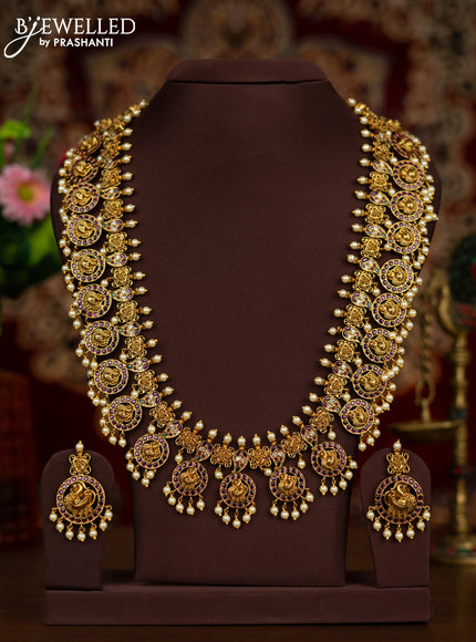 Antique haaram annapakshi design with kemp & cz stones and pearl hangings