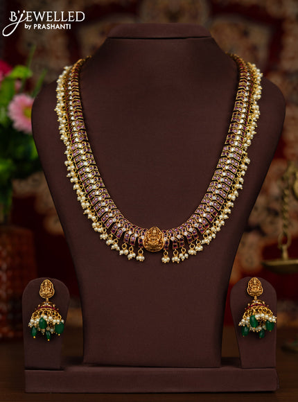 Antique haaram removable laskhmi pendant with kemp & cz stones and pearl hangings