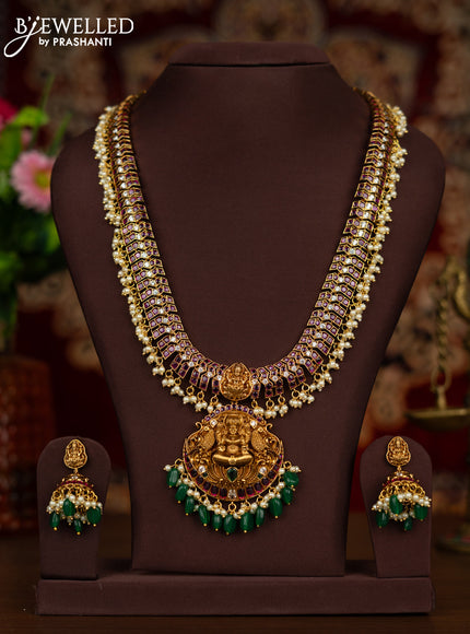Antique haaram removable laskhmi pendant with kemp & cz stones and pearl hangings