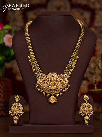 Antique haaram lakshmi pendant with kemp & cz stones and pearl & golden beads hangings