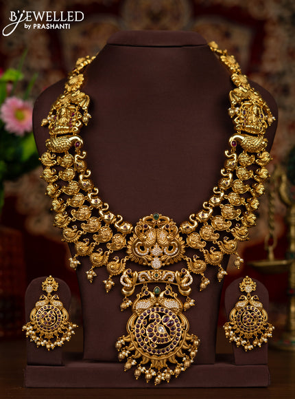 Antique haaram peacock design with kemp & cz stones and pearl & golden beads hangings