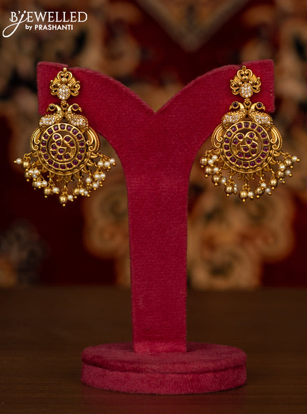 Antique haaram peacock design with kemp & cz stones and pearl & golden beads hangings