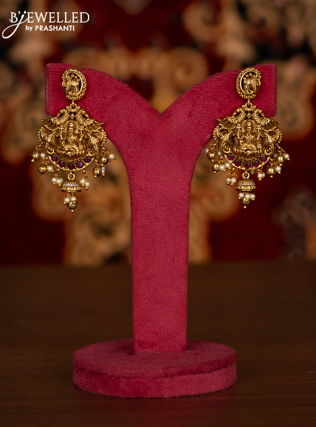 Antique haaram lakshmi pendant with kemp & cz stones and pearl & golden beads hangings