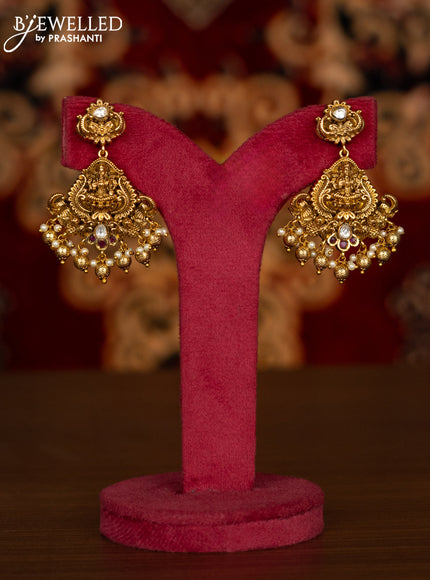 Antique haaram lakshmi pendant with kemp & kundan stones and pearl & golden beads hangings