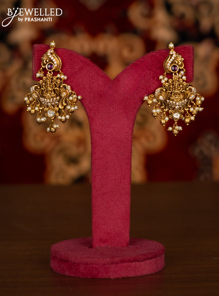 Antique haaram lakshmi pendant with kemp & kundan cz stones and pearl & golden beads hangings