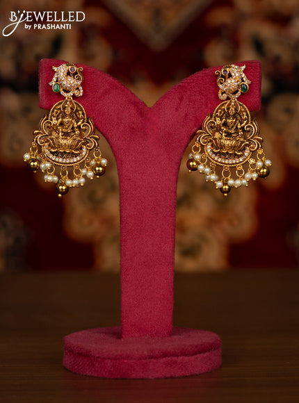 Antique necklace lakshmi design with kemp & cz stones and pearl & golden beads hangings