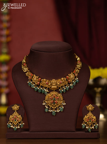 Antique necklace with pavalam & emerald stones and pearl & mint green beads hangings