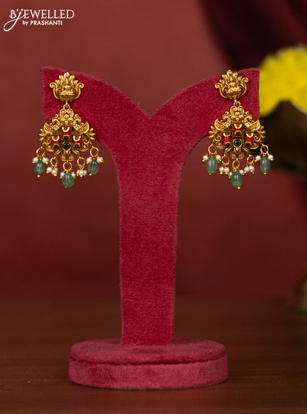 Antique necklace with pavalam & emerald stones and pearl & mint green beads hangings