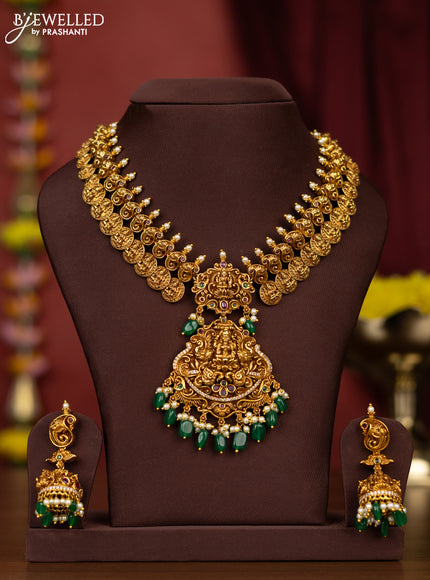 Antique necklace lakshmi kasu design with kemp & cz stones and pearl hangings