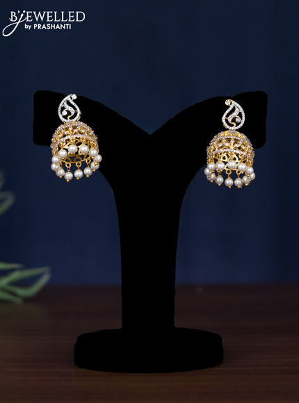 Zircon necklace manga pattern with ruby & cz stones and pearl hangings in gold finish