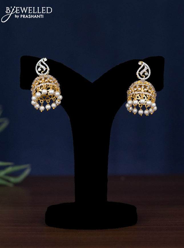 Zircon necklace manga pattern with ruby & cz stones and pearl hangings in gold finish