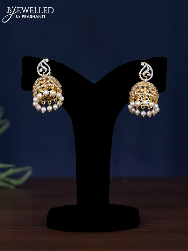 Zircon necklace manga pattern with ruby & cz stones and pearl hangings in gold finish