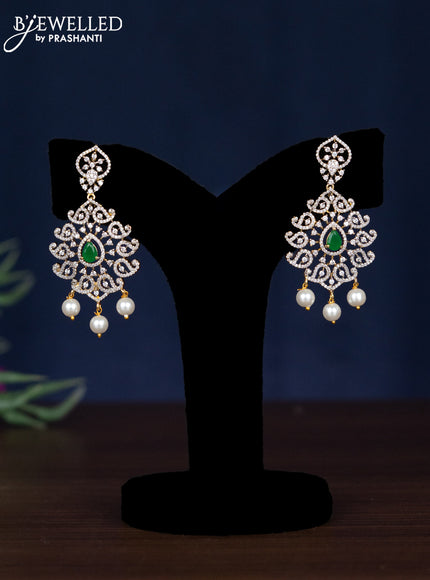 Zircon necklace with emerald & cz stones and pearl hangings in gold finish