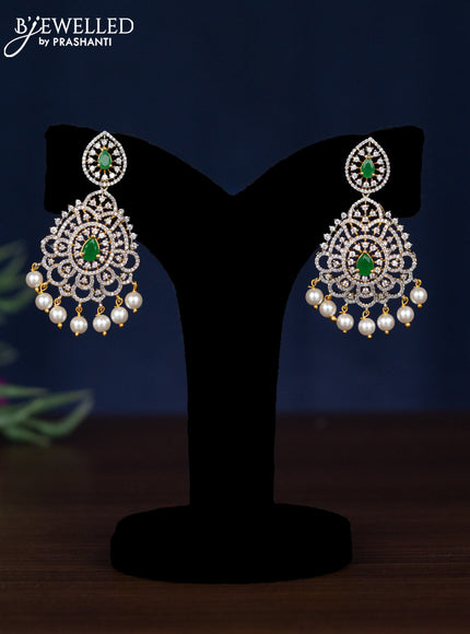 Zircon necklace with emerald & cz stones and pearl hangings in gold finish