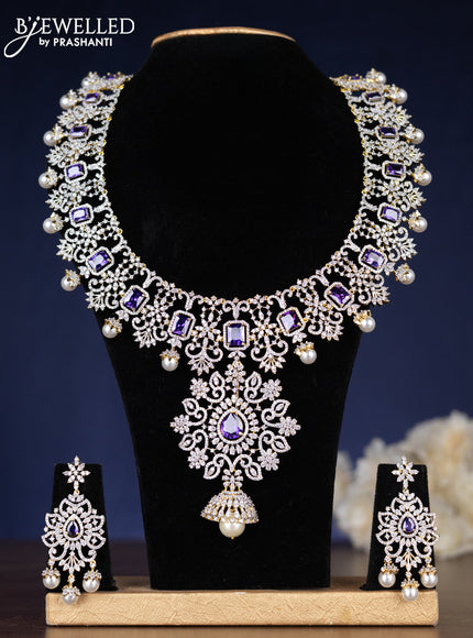 Zircon haaram detachable pendant with purple & cz stones and pearl in gold finish