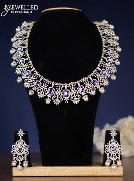 Zircon haaram detachable pendant with purple & cz stones and pearl in gold finish