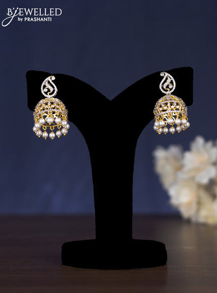 Zircon haaram manga pattern with ruby & cz stones and pearl hangings in gold finish