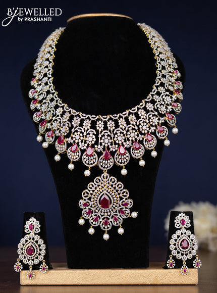 Zircon haaram detachable pendant with ruby & cz stones and pearl hangings in gold finish