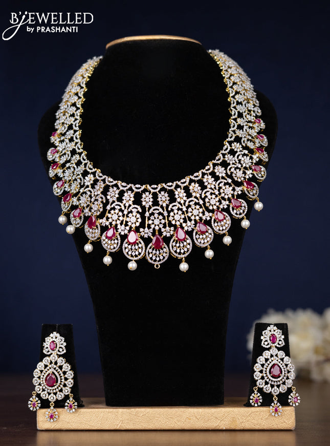 Zircon haaram detachable pendant with ruby & cz stones and pearl hangings in gold finish