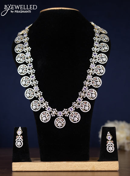 Zircon haaram peacock design with purple and cz stones in gold finish